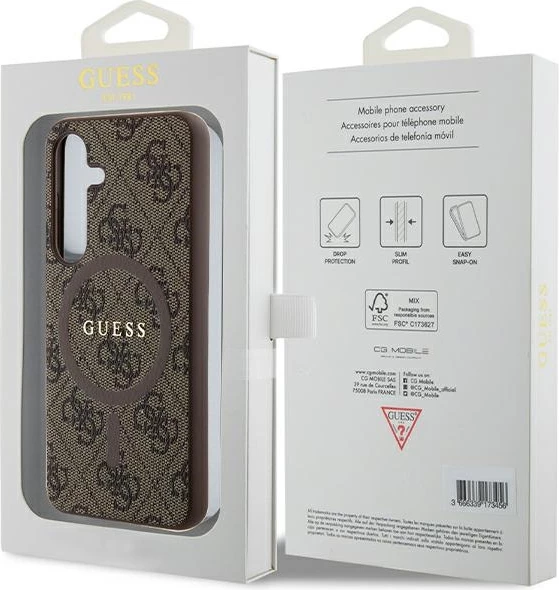 Mbështjellës Guess 4G Collection Leather Metal Logo MagSafe për Samsung Galaxy S24, Kafe