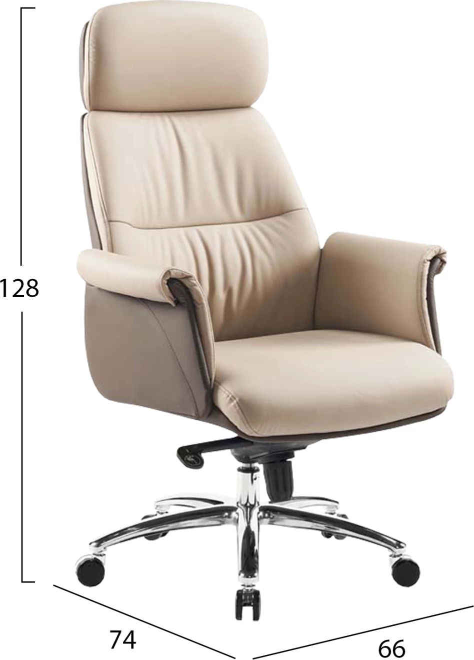 Karrige zyre ekzekutive TOMLIN, lëkurë PU bezhë-kafe, bazë e kromuar, 72x74x128cm