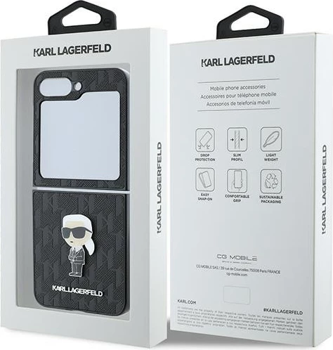 Mbështjellës, Karl Lagerfeld, Saffiano Monogram Ikonik Pin për Samsung Galaxy Z Flip6 (F741), hardcase TPU/PC me lëkurë eko, e zezë