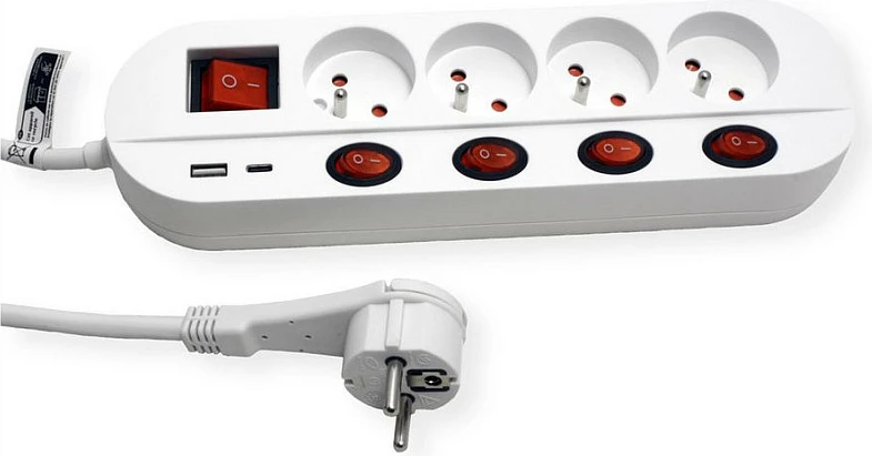 Zgjatues rryme ROLINE 19.07.2346, 4 priza, 1.5 m, 2x USB (A+C), Type EF, me ndërprerës, i bardhë