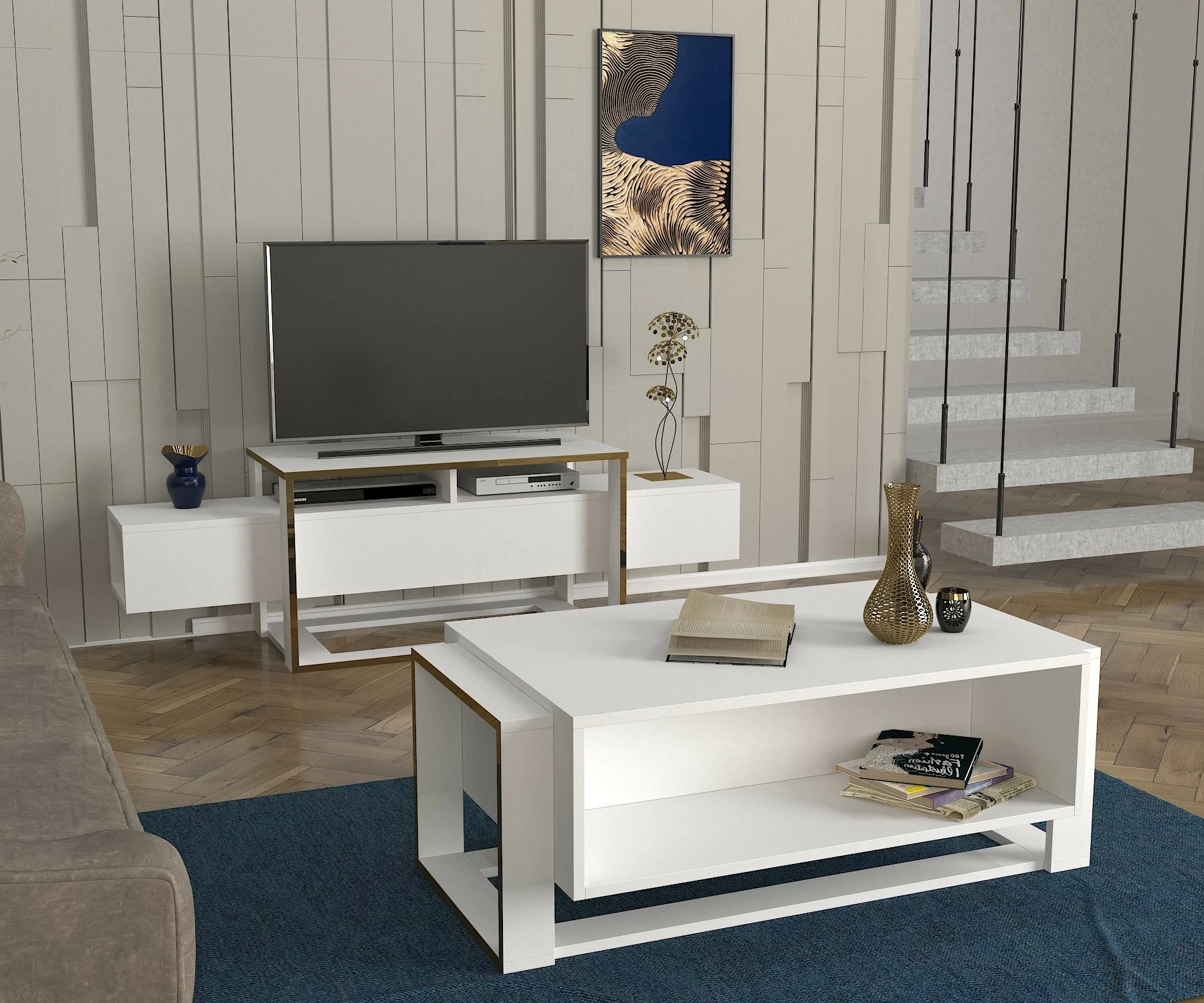 Komodë TV Hanah Home, e bardhë, e artë