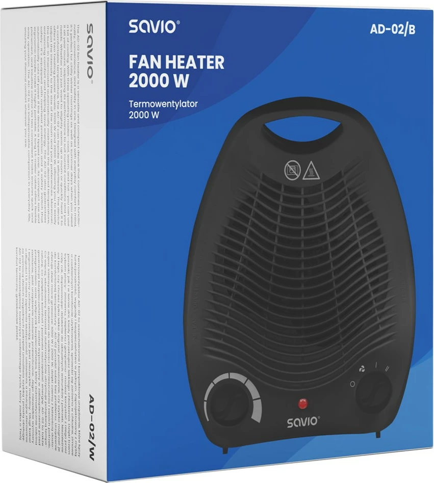 Ngrohës me ventilator, Savio, AD-02/B, 2000 W, 3 mënyra ajrimi, termostat, mbrojtje nga mbinxehja, i zi