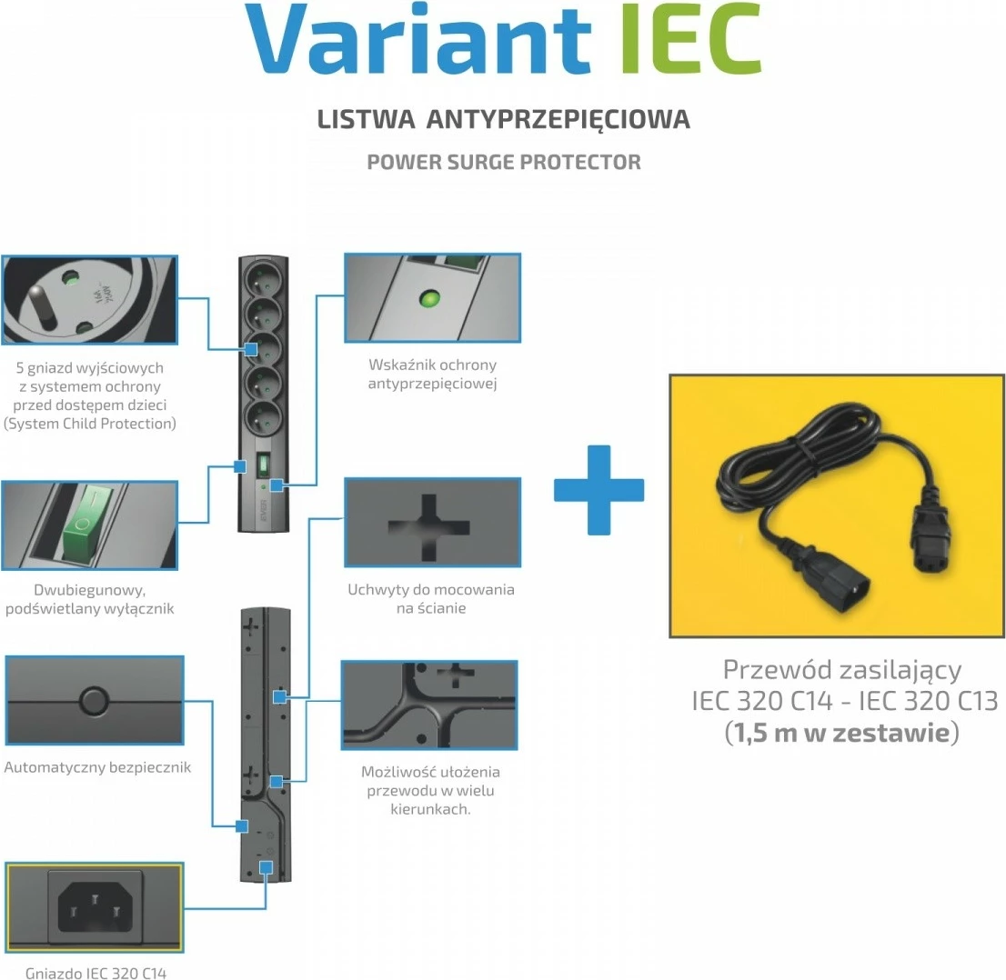 Zgjatues me mbrojtje nga mbitensioni, EVER Variant IEC T/LZ09-VAR020/0400, 5 presa Type E, hyrje IEC 320 C14, kabllo 1.5 m, me ndërprerës, i zi