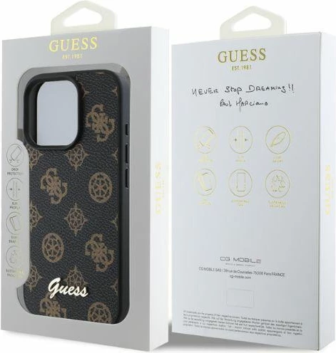 Mbështjellës Guess Peony Script MagSafe për iPhone 16 Pro, i zi