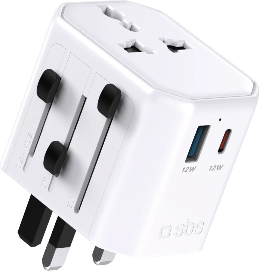 Adapter universal udhëtimi, SBS TEADAPTUSBTCUNI, 2500 W 10 A, prizat EU/UK/US/AU, USB-A + USB-C 12 W, e bardhë
