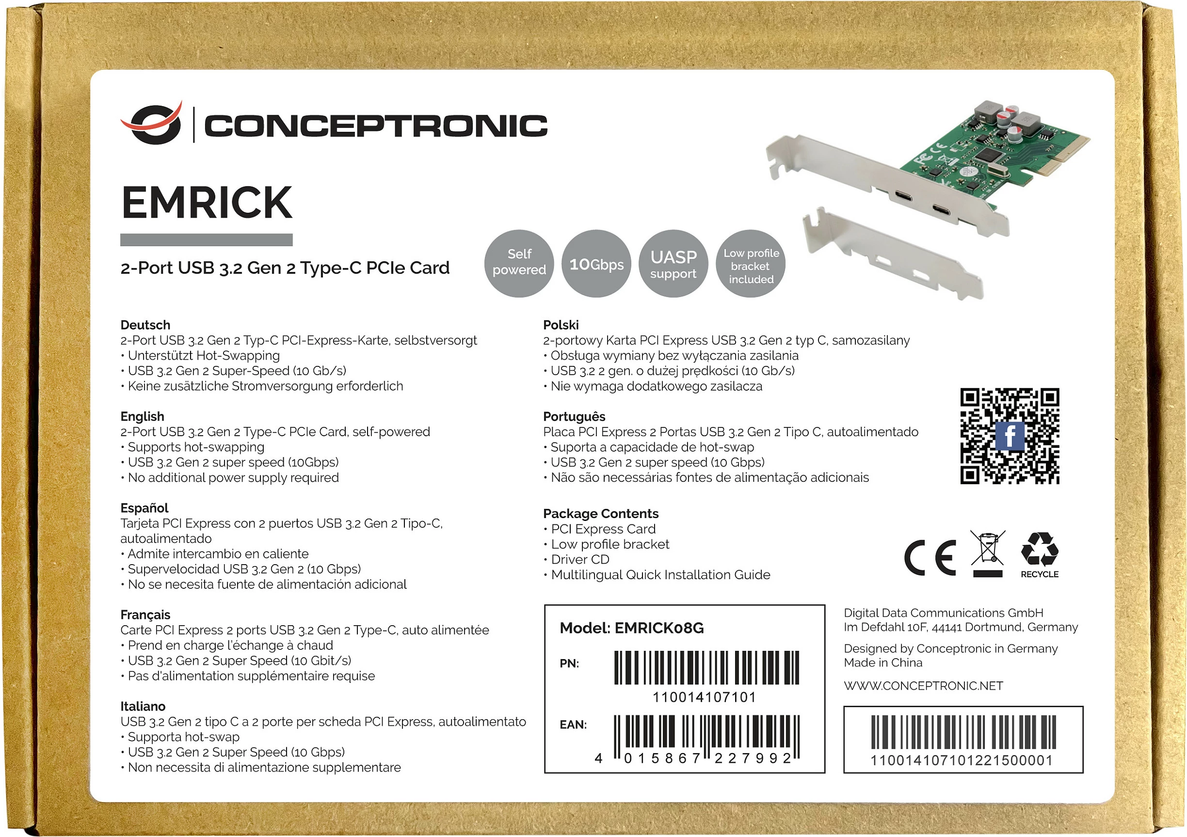 Kartë zgjerimi PCIe Conceptronic, 2x USB-C 3.2 Gen2 10Gbps, e gjelbër