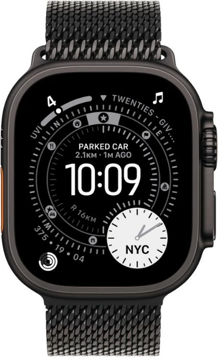 Smartwatch, Apple, Watch Ultra 3 MF1T4QP/A GPS + Cellular 49 mm titani, ekran OLED Retina, memorie 64 GB, e zezë, set me rrip Milanese titan L