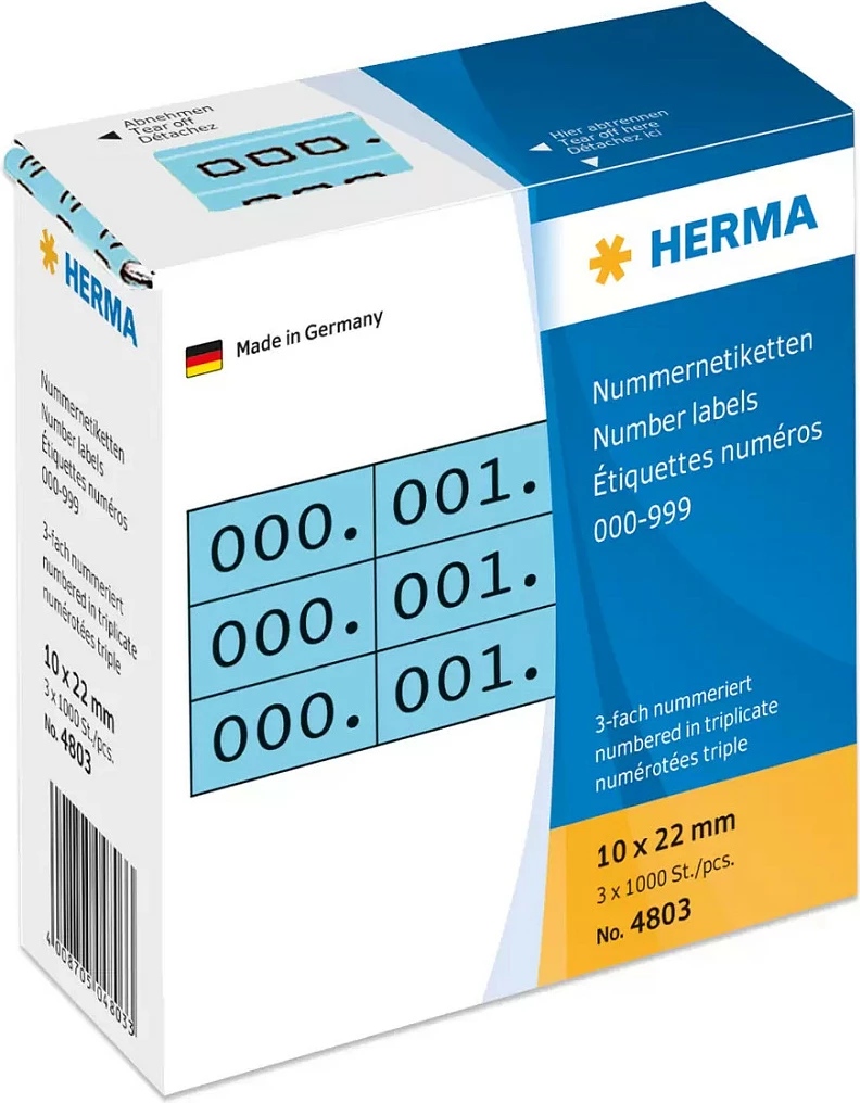 Etiketa numrash HERMA 4803, vetëngjitëse 10x22 mm, 000-999, blu/zi