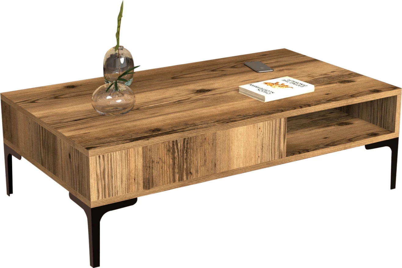 Tavolinë kafeje melaminë, ngjyrë arre, këmbë metalike, FH9503.01, 105x60x32.6 cm