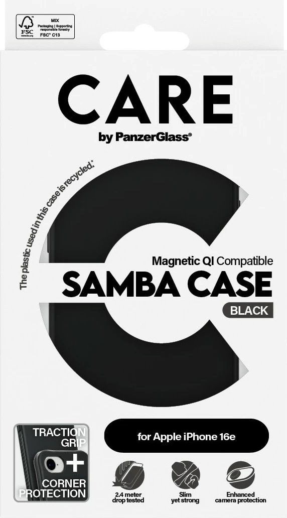 Mbështjellës PanzerGlass CARE Case Samba me MagSafe, i zi, për iPhone 16e