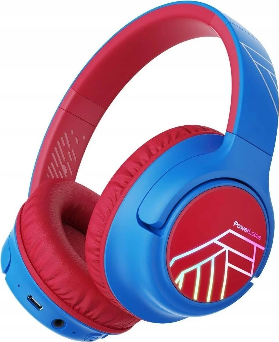 Kufje PowerLocus Bobo Kids, wireless Bluetooth 5.3, LED, AUX/USB-C, kuqe-kaltër