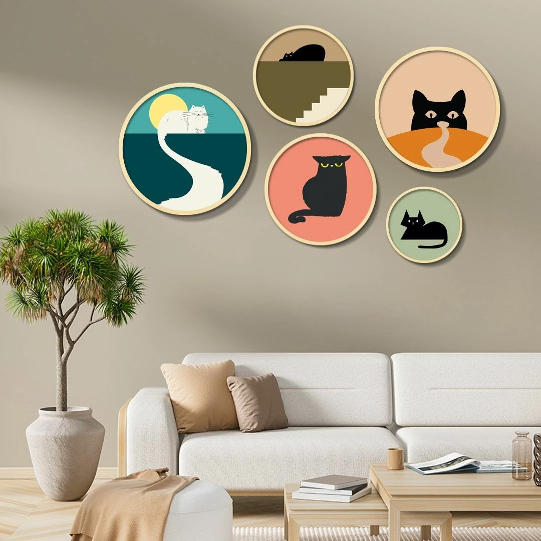 Set pikturash dekorative të rrumbullakëta, MDF me kornizë, 5 copë, Wallity, Yats-13