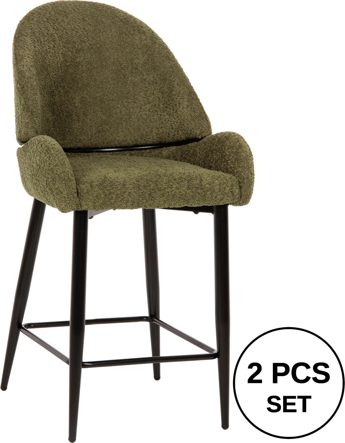 Karrige për bar, lartësi mesatare, FH8586.03, pëlhurë boucle jeshile, këmbë metali të zeza, 55x62x105H cm, set prej 2 copë