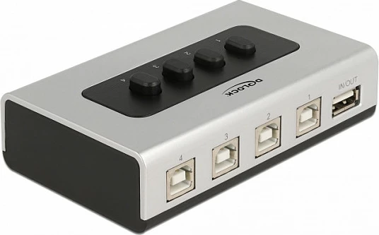 Switch USB DeLOCK 4x Type-B në 1x Type-A, bidireksional, USB 2.0, 0.48 Gbit/s, zi/argjendtë