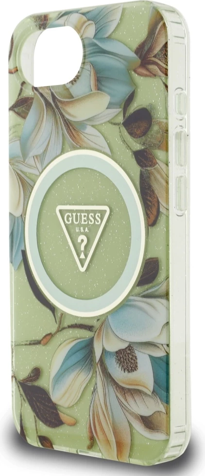 Mbështjellës Guess IML Metal Glitter Flowers Triangle MagSafe për iPhone 16e, Gjelbër