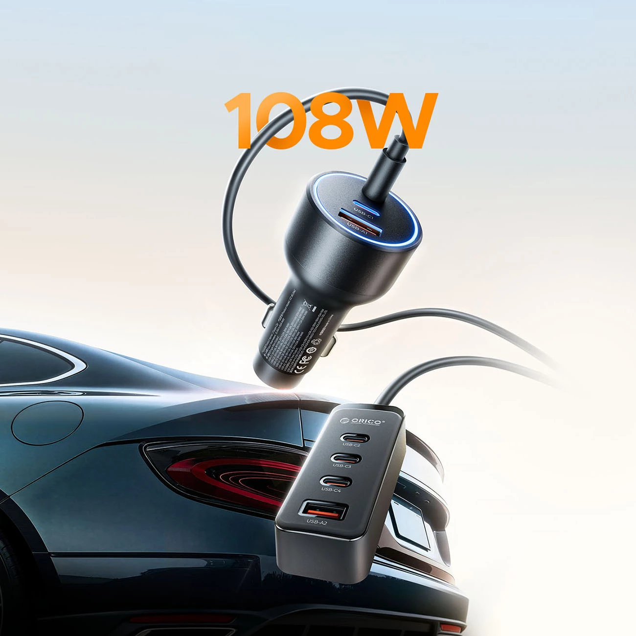 Karikues veture Orico ChargeClip 108W 2x USB-A + 4x USB-C me kapëse, i zi