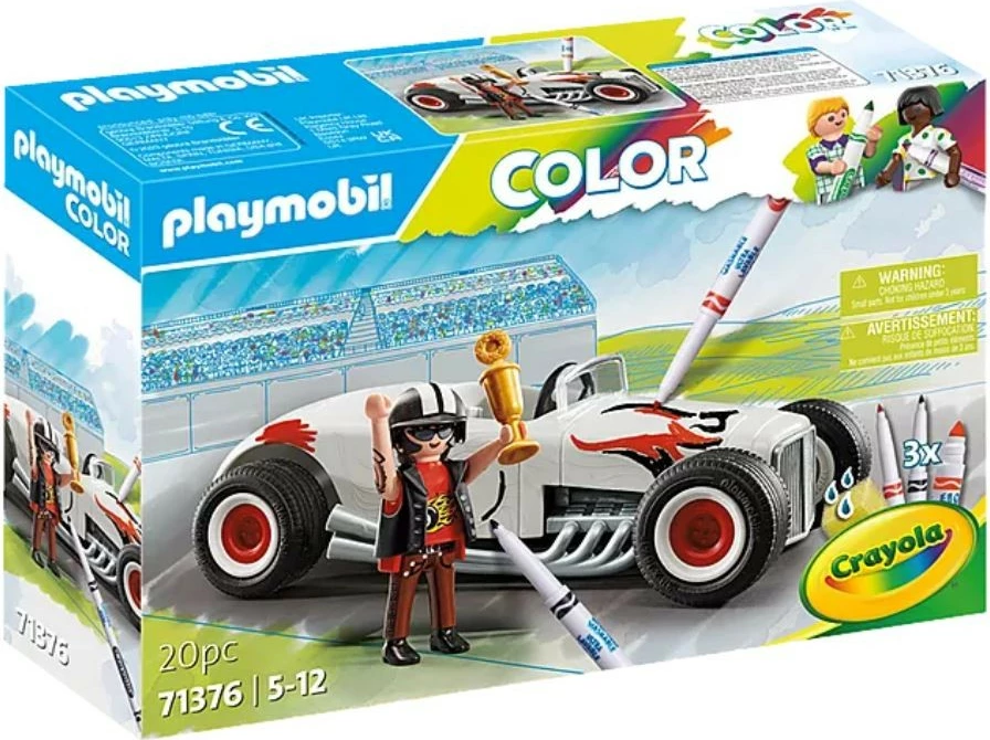 Set lodër Playmobil Color Hot Rod 71376 me pisakë Crayola, për fëmijë