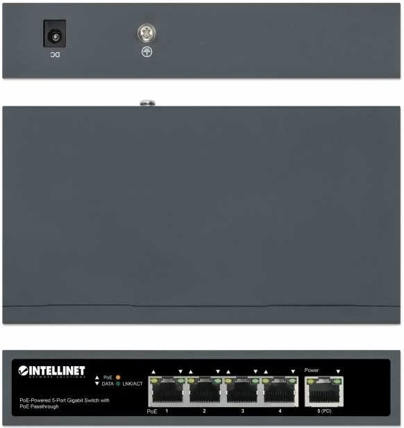 Switch Intellinet 561808, 5p Gigabit PoE Passthrough, i ushqyer nga PoE ose AC, 95W