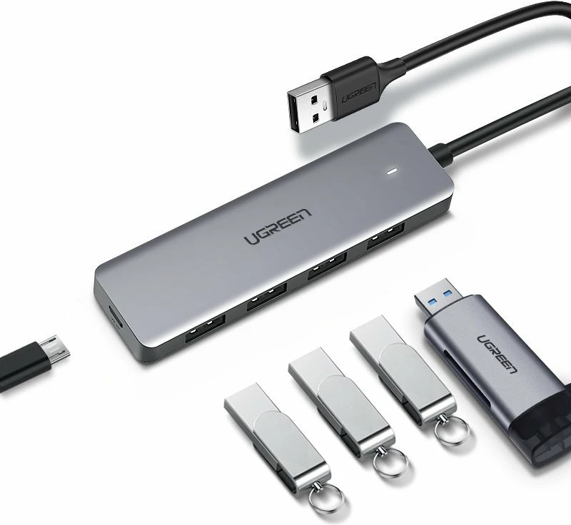 Kasë USB HUB Ugreen CM219 50985, 4x USB 3.2 Gen 1, me port micro USB për rrymë, Gri