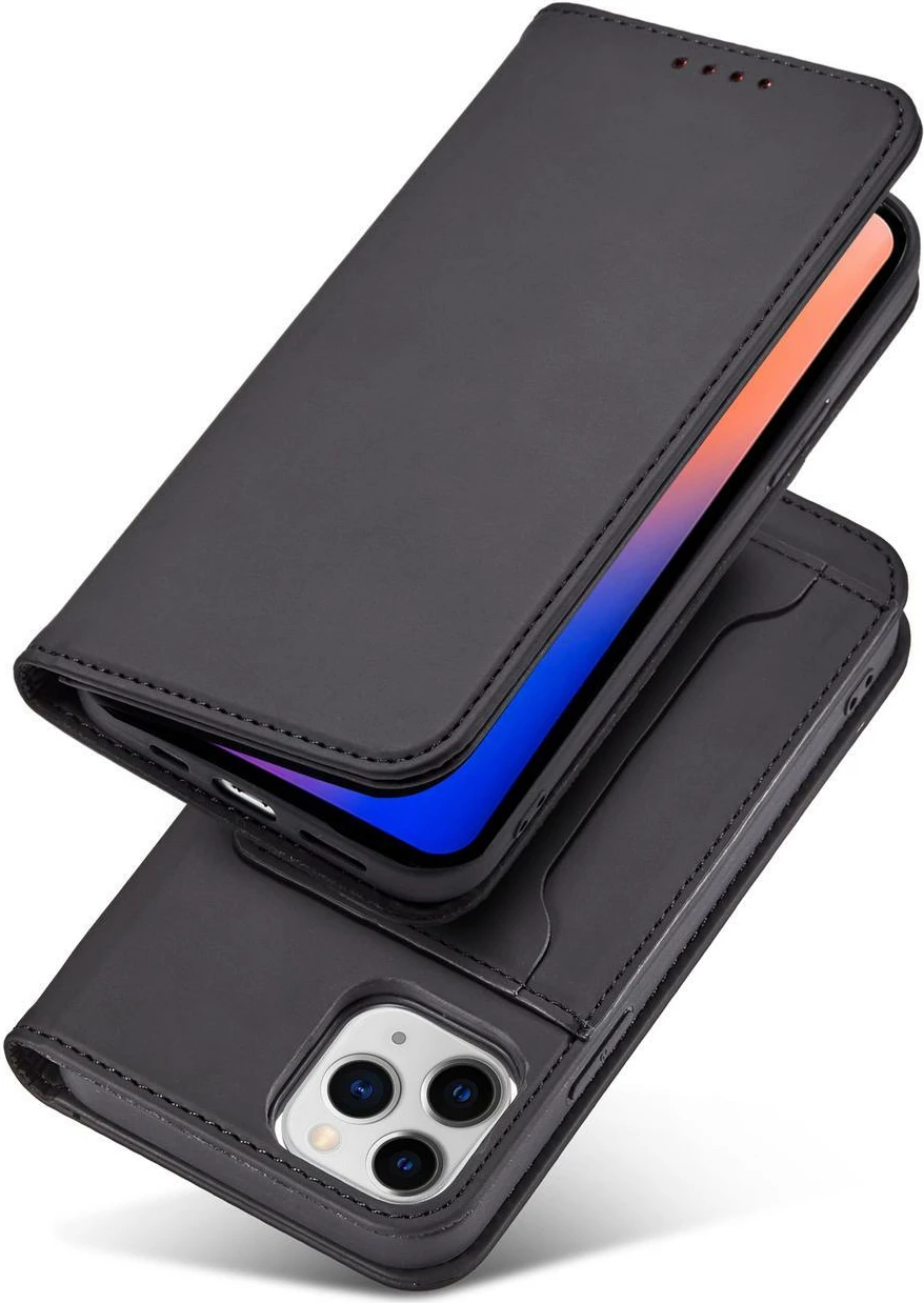 Mbështjellës Hurtel Magnet Card Case për iPhone 12 Pro, me kapak, portofol dhe mbajtëse, i zi