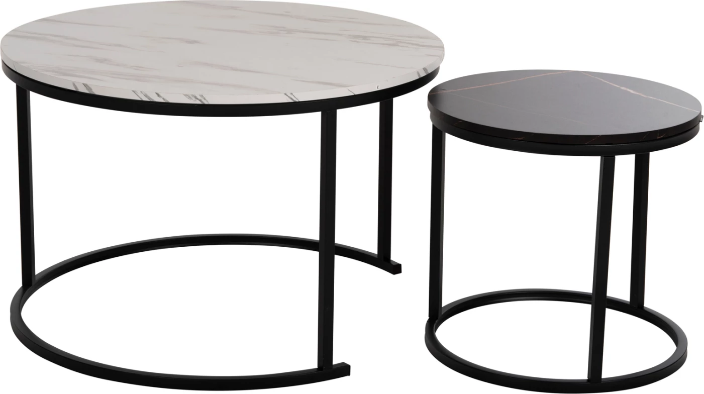 Tavolina kafeje FH8763.14 set 2 copë MDF pamje mermeri ngjyrë e përzier me këmbë të zeza Φ80-Φ48cm