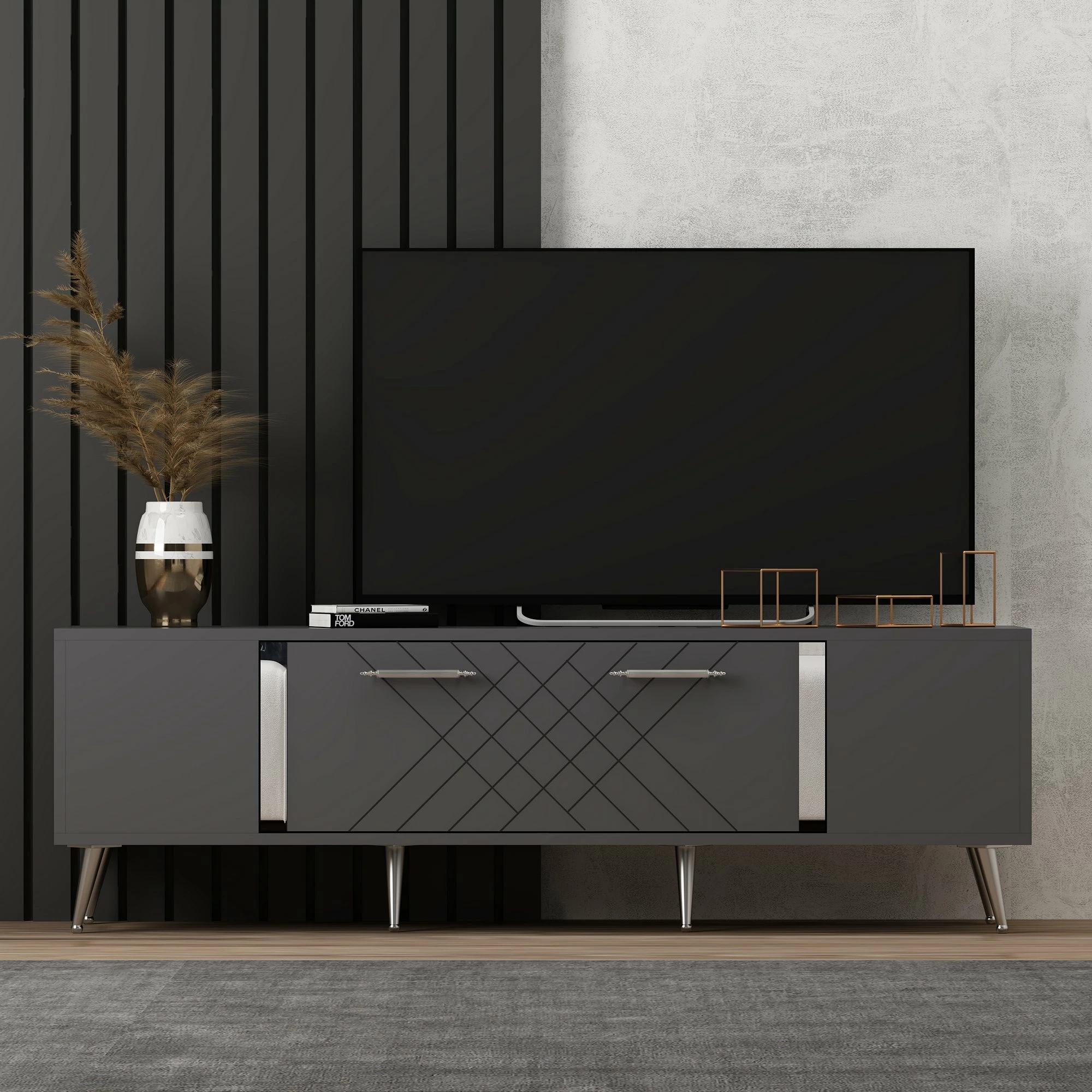 Komodë televizori, ngjyrë antracit dhe argjendi, Skye Decor, Detas