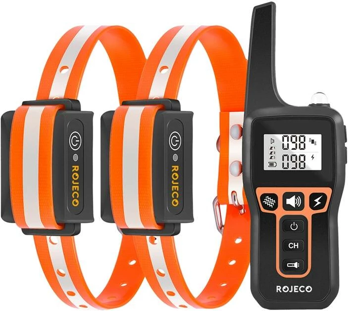 Jakë trajnimi për qen, Rojeco PD529, 3 mënyra (zë/dridhje/impuls) 1–100 nivele, rreze 1000 m, IPX7, me 2 jaka, portokalli