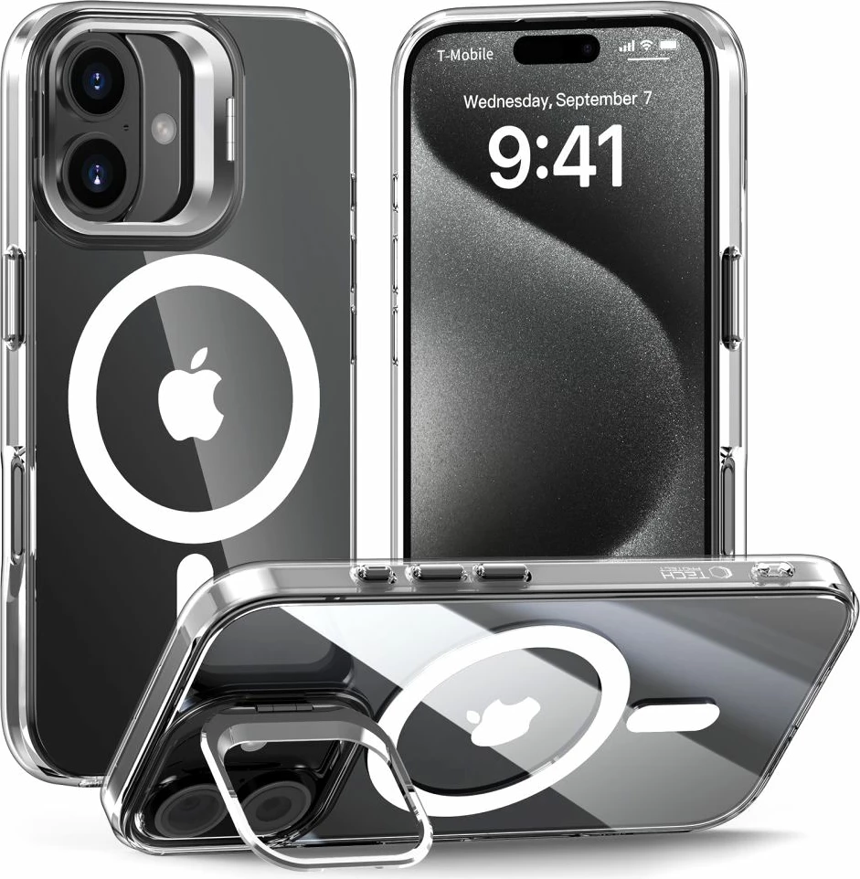 Mbështjellës Tech-Protect MagStand për iPhone 16, MagSafe, Transparent
