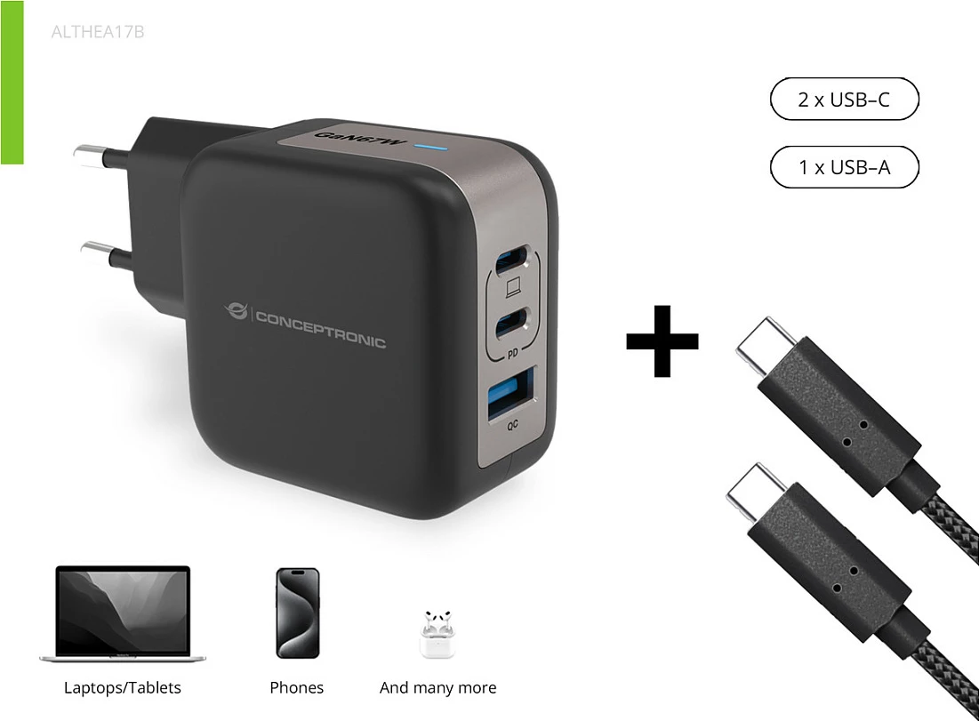 Karikues USB-C Conceptronic 67W GaN, 3 porta (2x USB-C PD, 1x USB-A QC), kabllo USB-C 1.5m, i zi