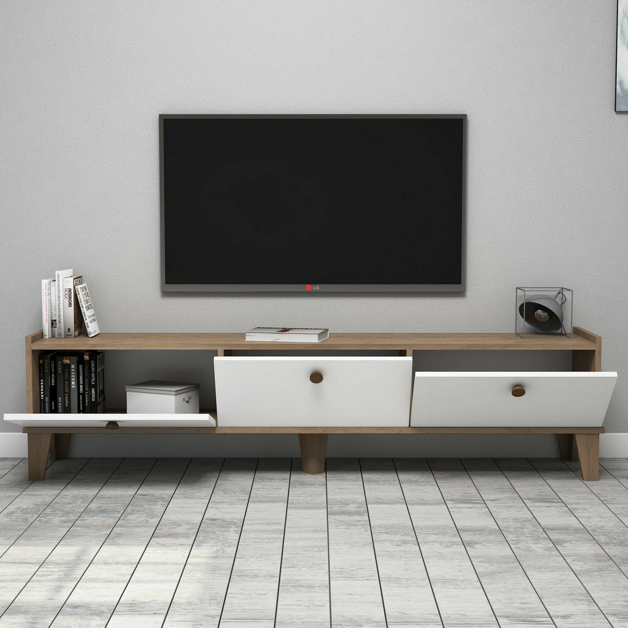 Komodë për TV Hanah Home, Sumer E3620, ngjyrë lis dhe e bardhë