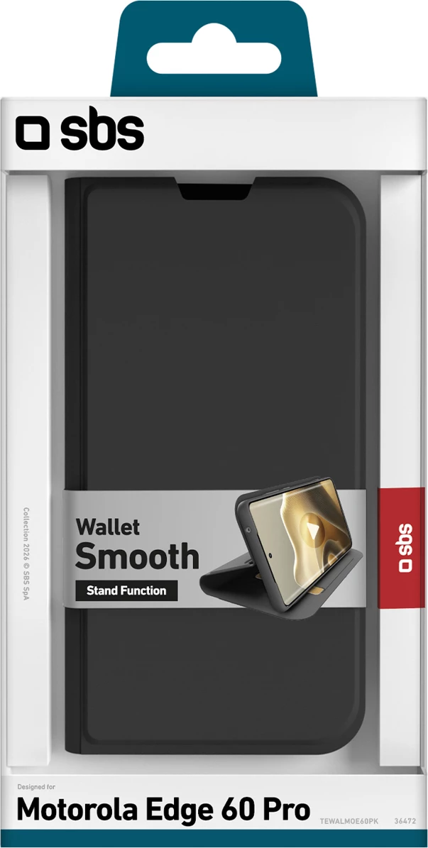 Mbështjellës SBS Wallet Smooth për Motorola Edge 60 Pro, flip, xhep karte, stand, mbyllje magnetike, i zi, në kuti