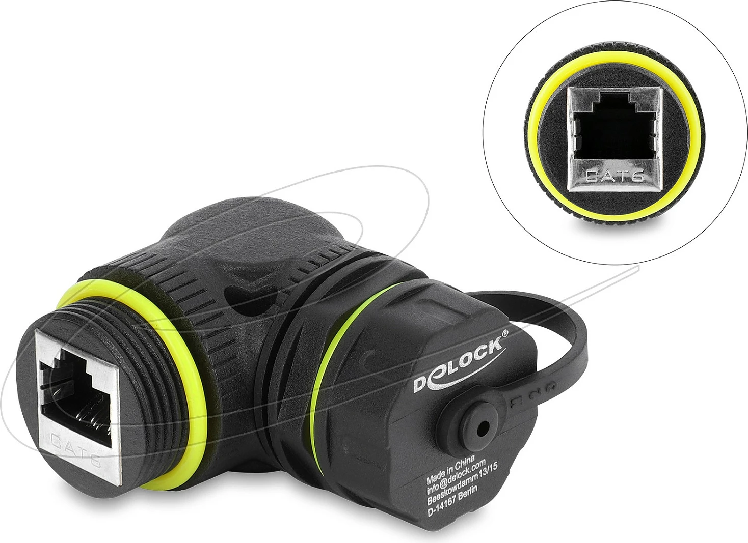 Lidhës kablli RJ45 DeLOCK Cat6, femër-femër, 90°, IP68, me filetë M23x1.5, i zi