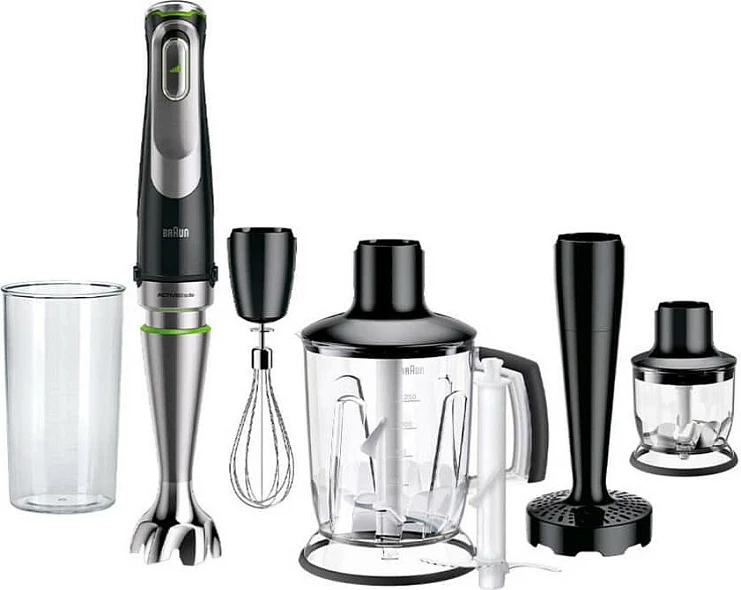 Blender zhytës Braun MultiQuick 9 MQ 9147X, 1200 W, set me grirës, rrahëse dhe shtypës patatesh, inox/zi