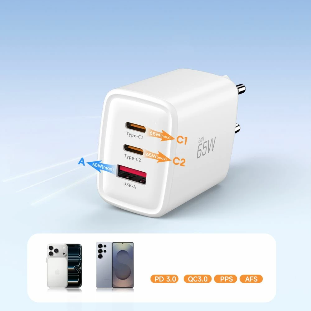Karikues muri Tech-Protect NCA65W-GAN, 65W, 3 porta (2x USB-C PD + USB-A QC 3.0), me kabllo USB-C 1m, bardhë