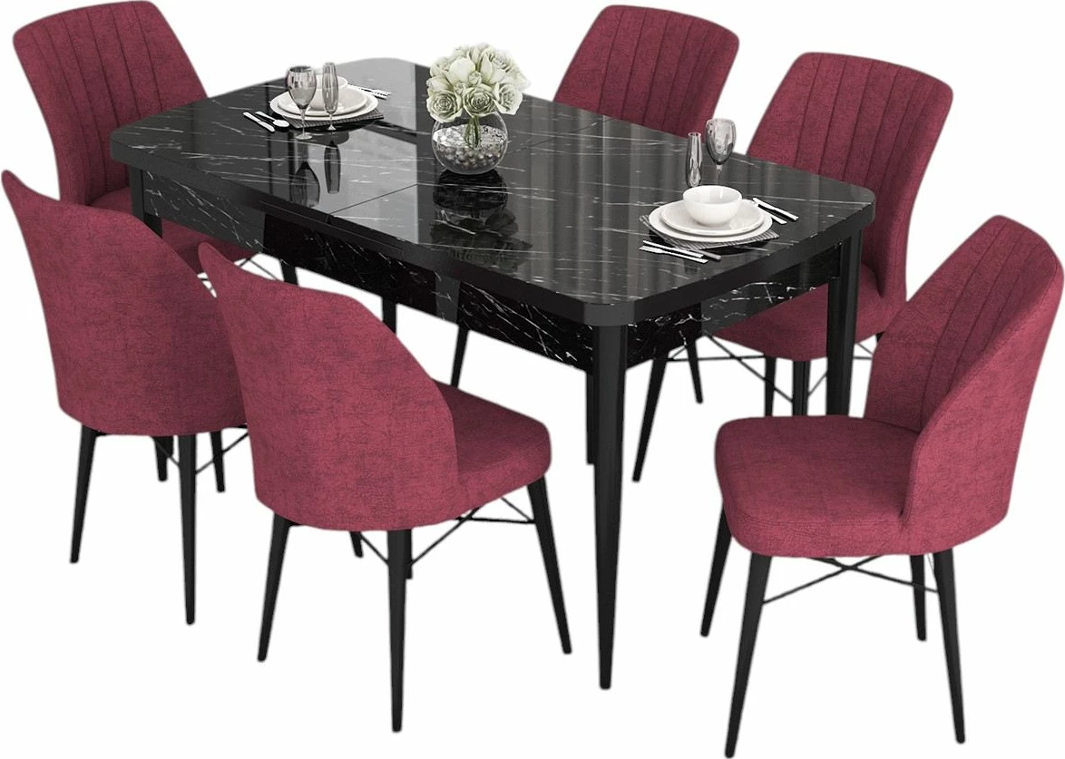 Tavolinë me karrige, zgjatshme, 7 copë, ngjyrë mermeri të zi, karrige burgundy, Skye Decor Eva