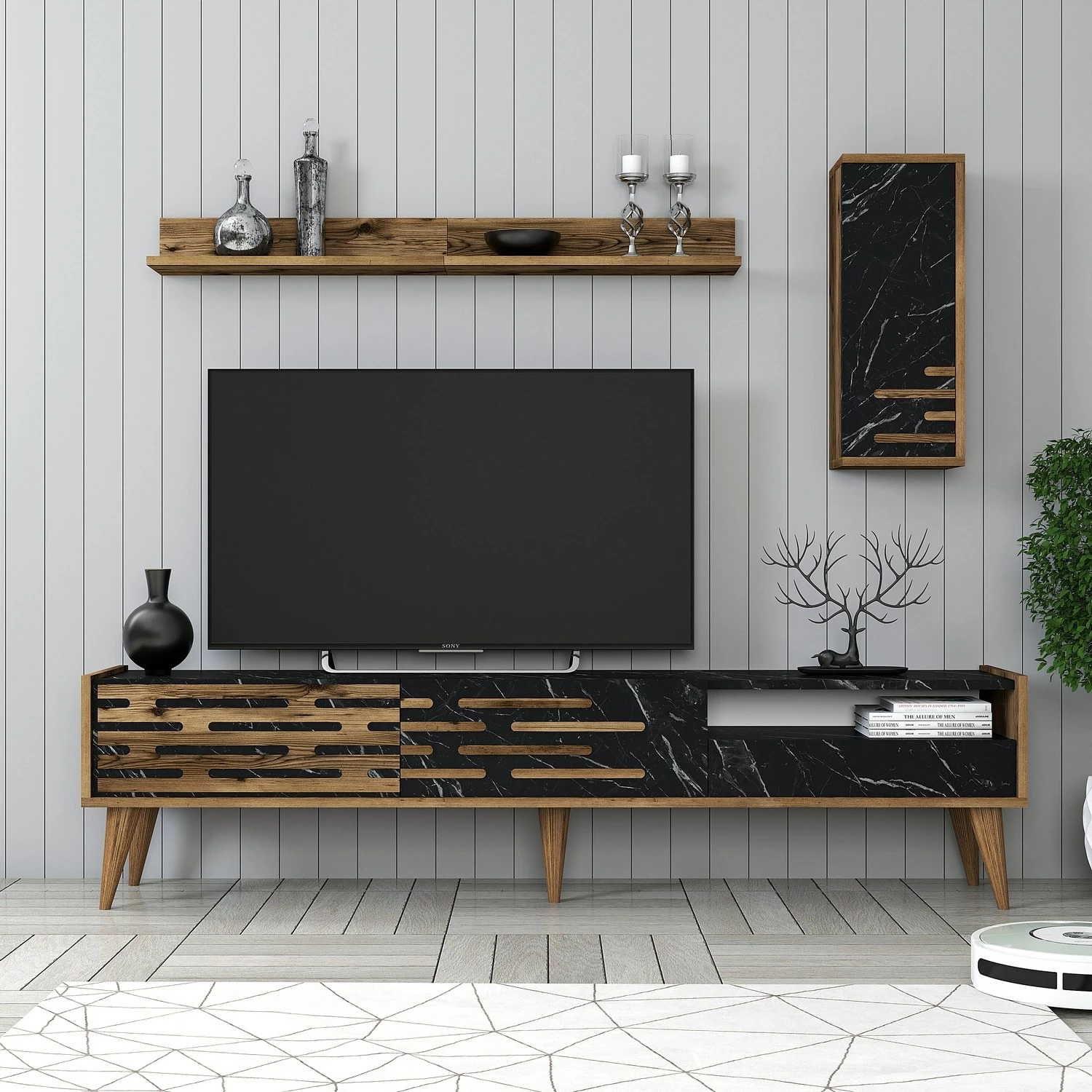 Komodë TV Hanah Home, Valensiya, ngjyrë arre, e zezë, mermer