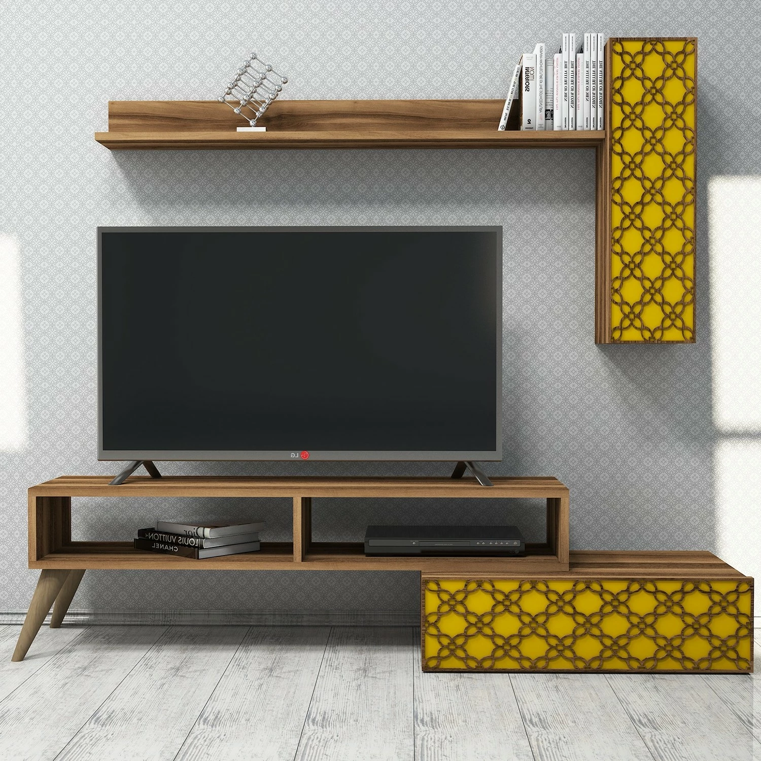 Njësi televizori Skye Decor, ngjyrë arre, e verdhë