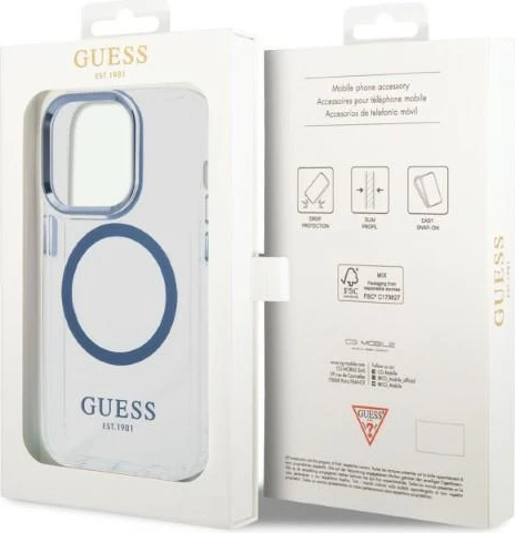Mbështjellës Guess Metal Outline Magsafe për iPhone 14 Pro Max 6.7", kaltër/transparente
