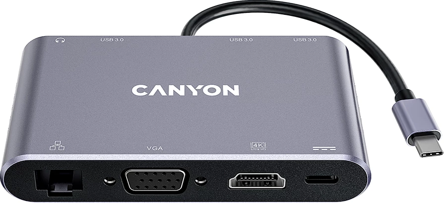 Hub USB-C CANYON DS-14 8n1 4K HDMI/VGA LAN PD 100W, i hirtë e errët