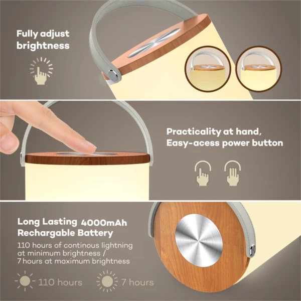 Lampë LED portative TaoTronics TT-DL23 4000mAh 300lm 360° 4000–4500K, bardhë/finisazh dru, set me kabllo Micro-USB