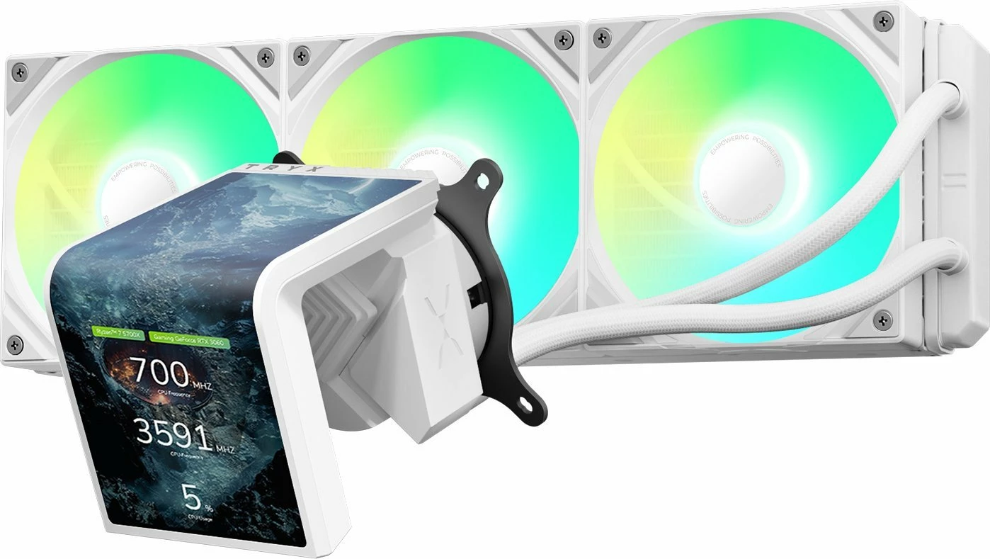 Ftohës uji AiO për CPU TRYX Panorama SE ARGB 360 (L-P360L-AM3M-G0W), 3x120mm PWM, ekran 3D AMOLED 2K 60Hz, e bardhë
