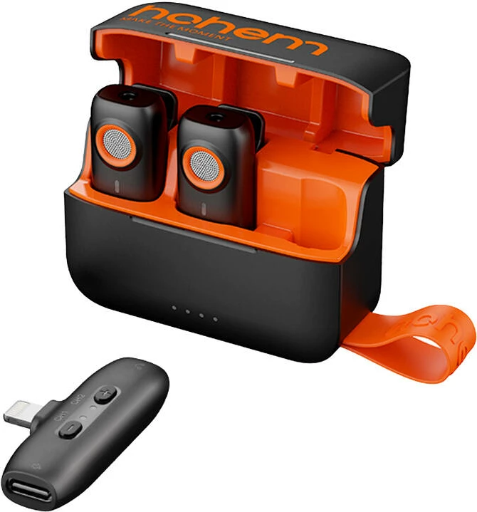 Mikrofon pa tela HOHEM MIC-01 me 2 transmetues, 1 marrës dhe kuti karikimi, i zi/portokalli