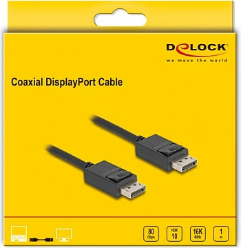 Kabllo DisplayPort DeLOCK 2.1, 1 m, 80 Gbps, 16K@60 Hz, e zezë