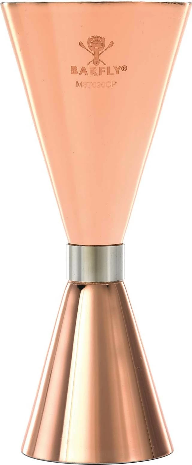Jigger matës koktejesh, BarFly, Slim Style, 2 oz, i veshur me bakër me brez inox, bakër
