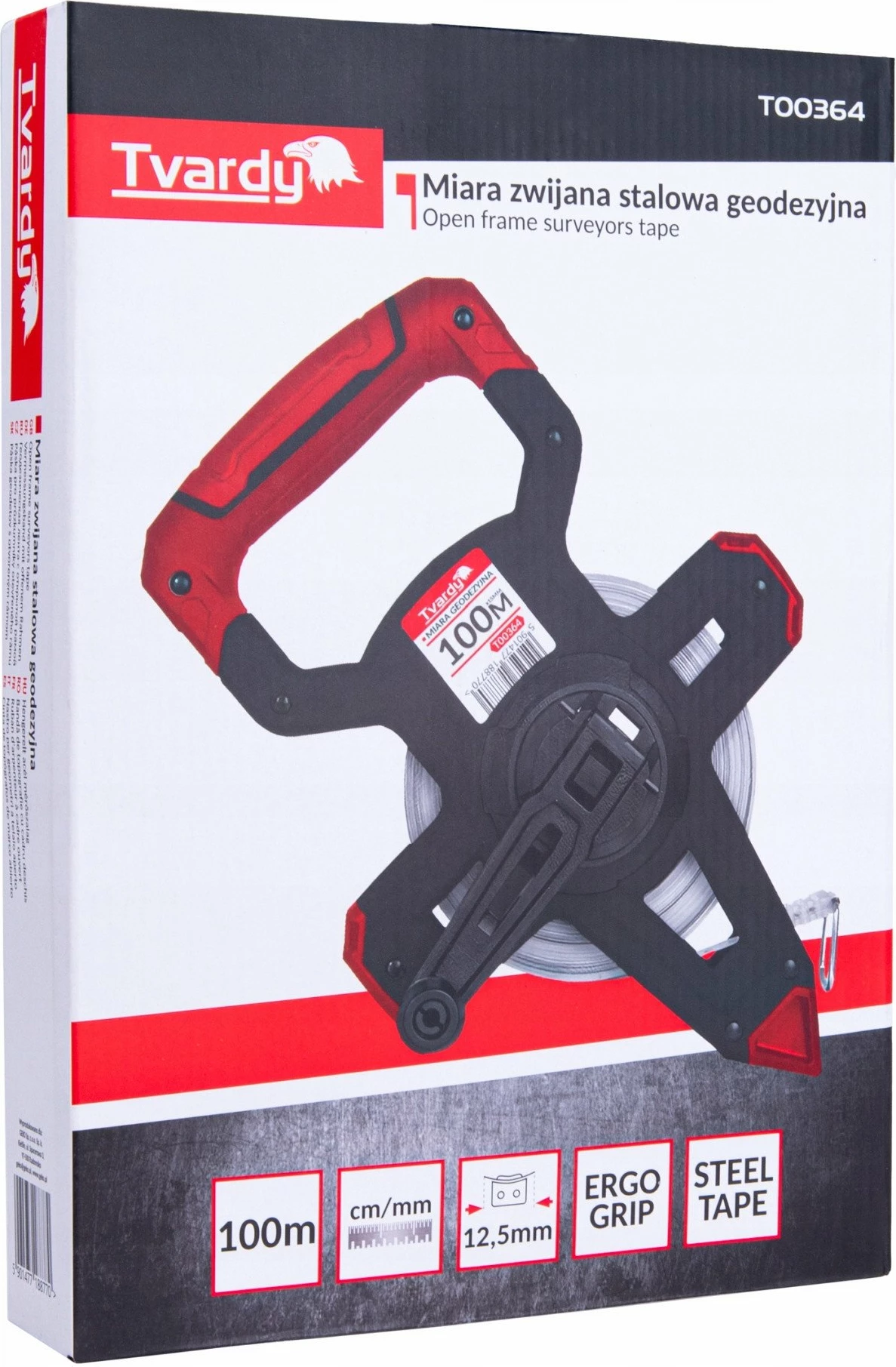 Metër shirit çeliku Tvardy T00364 100 m, 12.5 mm, cm/mm, kuqe/zezë, paketim 10 copë