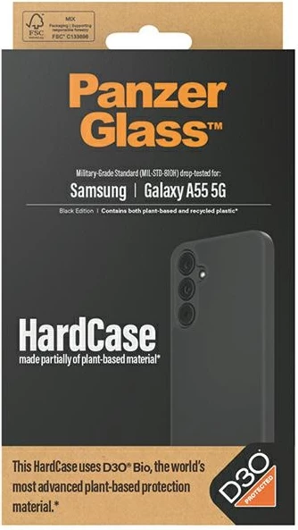 Mbështjellës PanzerGlass HardCase për Samsung Galaxy A55 5G, D3O Bio, i zi dhe transparent