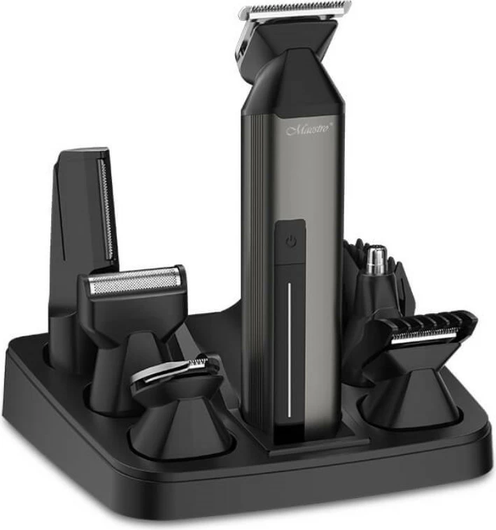 Set trimer për flokë dhe trup, Feel-Maestro MR-660, bateri 150 min, ngarkim USB-C, tehe çelik inoks, përdorim i lagësht/thatë, zi/gri, set 6‑në‑1