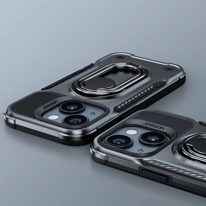 Mbështjellës Joyroom Dual Hinge për iPhone 14, me mbajtëse dhe ring holder, zi