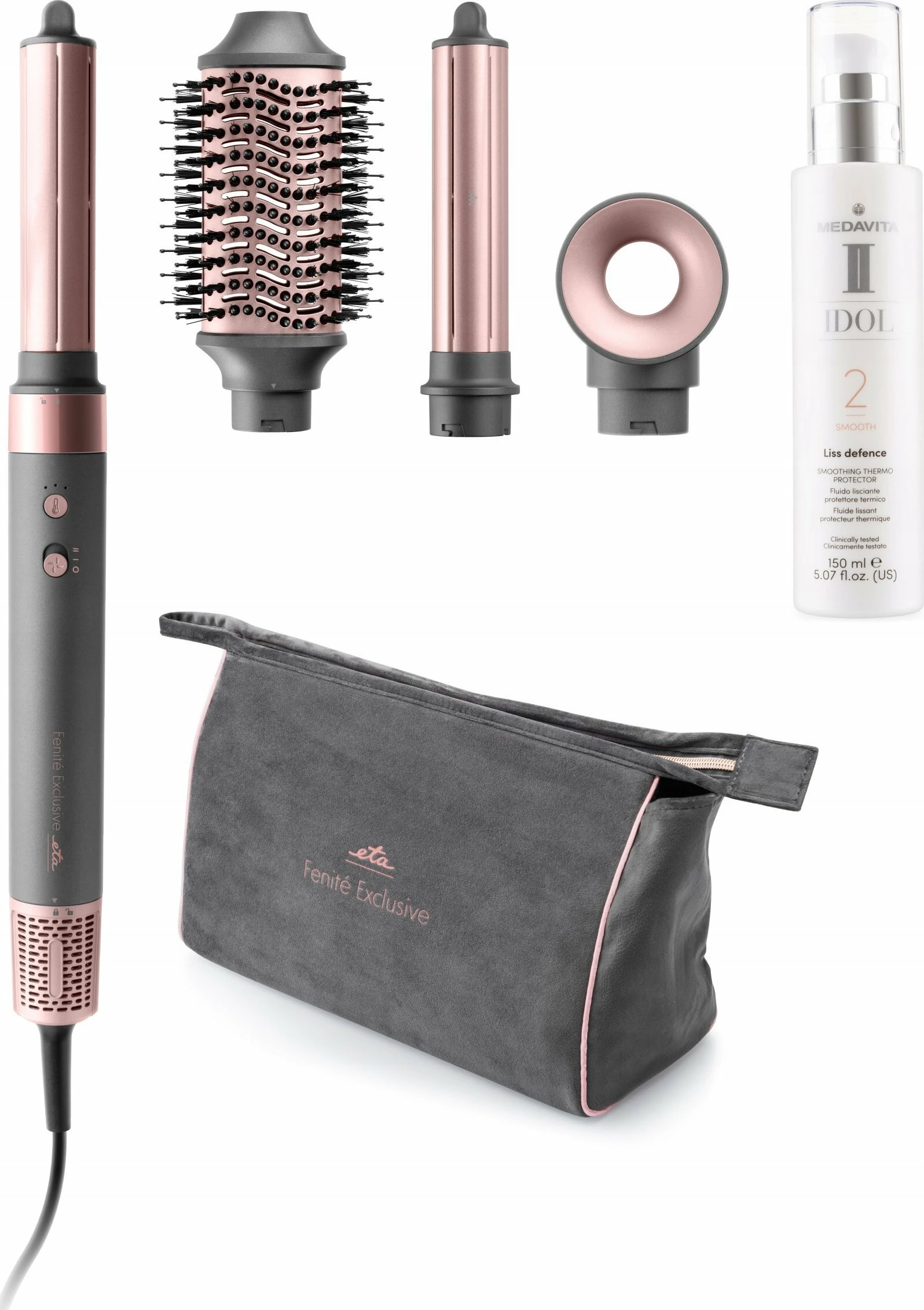 Set tharëse flokësh dhe stilues kaçurrelash Eta Fenite Exclusive 032390000, 1400W, jonizim, cold shot, me aksesorë + çantë + thermo protector 150 ml, rozë-gri