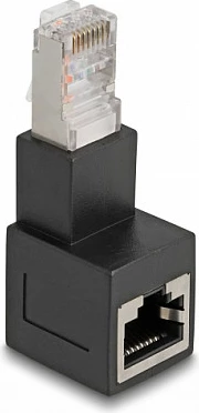 Adapter RJ45 DeLOCK Cat6A 90° poshtë, RJ45 mashkull në RJ45 femër, i zi